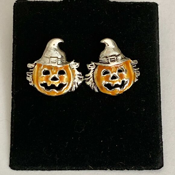 Vintage Jack O Lantern Pumpkin Post Stud Earrings Orange Halloween Scarecrow - Picture 5 of 10
